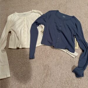 NWT Women's Button-Up Eyelet Cardigan - Cream and Blue